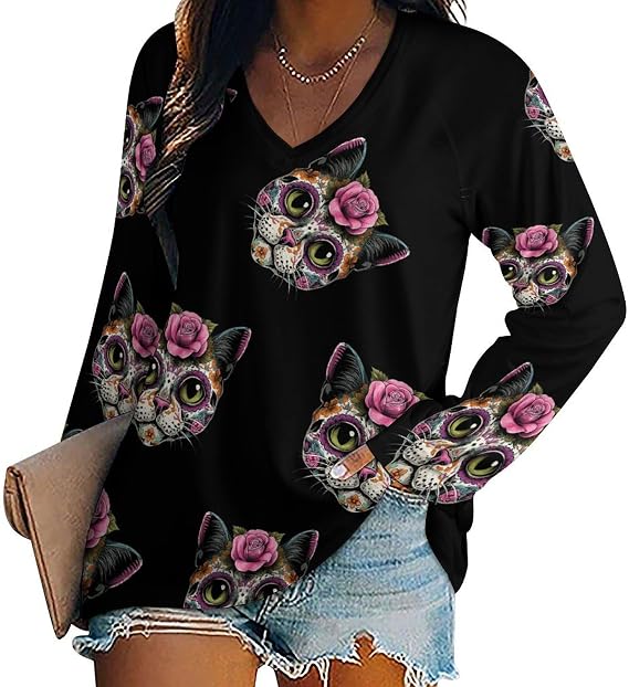 Sugar Skull Cat Womens Shirts V Neck Loose Fit Tops 5XL - skull sweatshirts