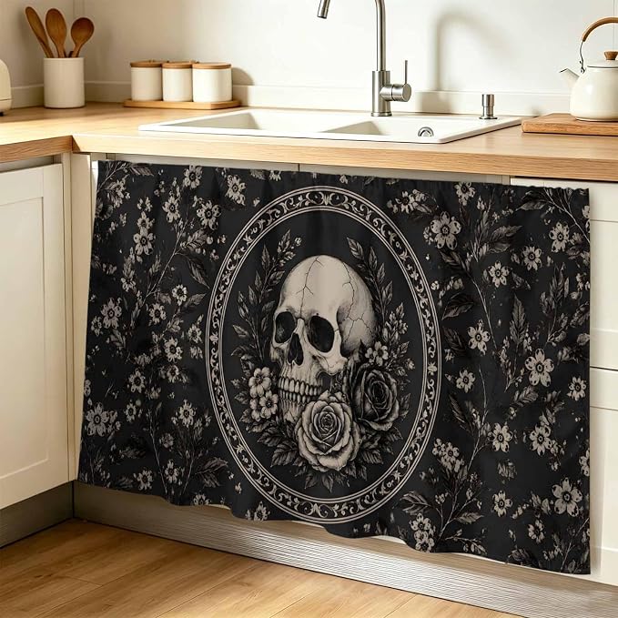 Black Grey Skull Cabinet Curtain 28"x51",Dustproof Storage Cabinet Curtain with Self Adhesive Tape,Antique Rose Blooms Rustic Botanical Tall Pantry Cover Drape for Kitchen,Laundry,Utility Closet - skull sticker