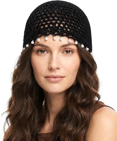 Peicees Crochet Beanie Hat with Pearl Trim Boho Skull Cap Headpiece - skull hat