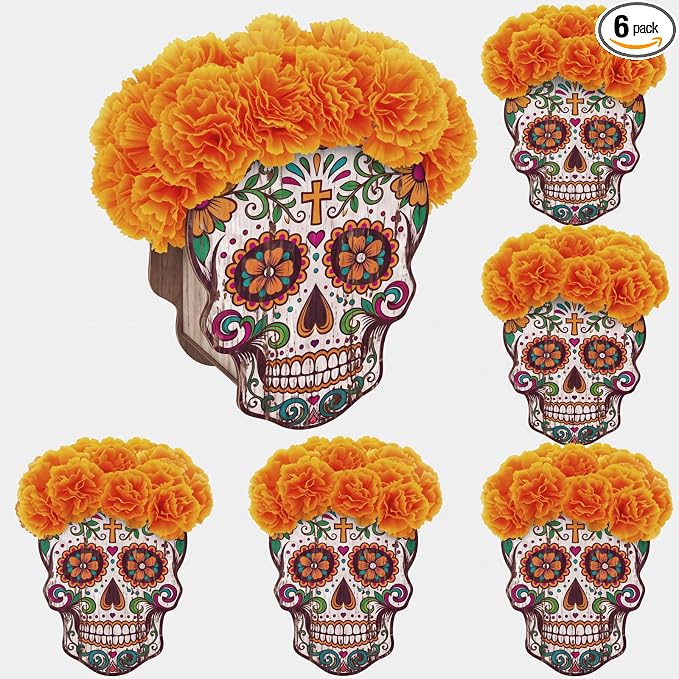 6 Pcs Day of The Dead Sugar Skull Decor Wooden Ofrenda Box, White Skull - skull candle