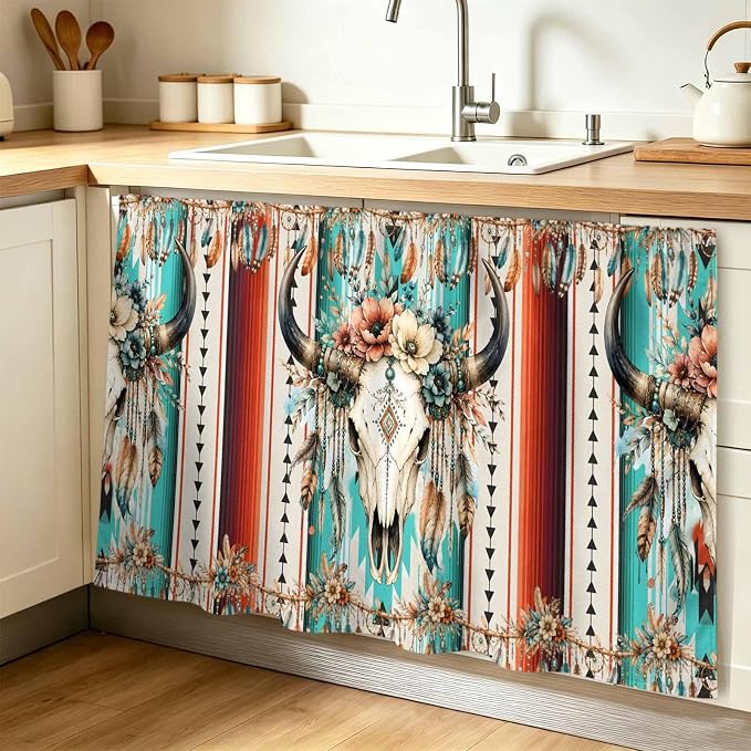 Southwestern Turquoise Cabinet Curtain 28"x51",Dustproof Storage Cabinet Curtain with Self Adhesive Tape,Floral Skull Feather Orange Tall Pantry Cover Drape for Kitchen,Laundry Room,Utility Closet - skull sticker