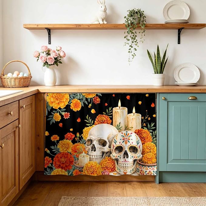 Yellow Black Floral Skull Cabinet Curtain 28"x35",Dustproof Under Sink Skirt with Self Adhesive Tape,Skeleton Farmhouse Flowers Cabinet Curtain Cover for Bathroom Vanity,Kitchen Sink,Laundry Room - skull sticker