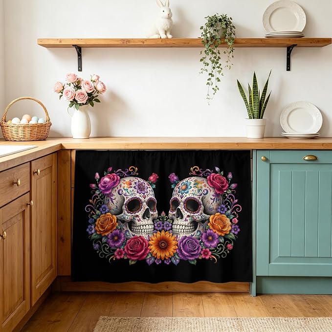 Bright Flowers Skull Cabinet Curtain 28"x35",Dustproof Under Sink Skirt with Self Adhesive Tape,Vibrant Botanical Skeleton Black Cabinet Curtain Cover for Bathroom Vanity,Kitchen Sink,Laundry Room - skull sticker