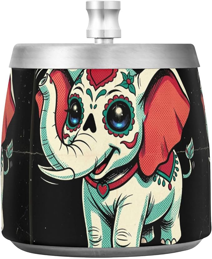 Cute Sugar Skull Elephants Day Of Dead Stainless Steel Cigarette Ash Tray with Lid for Home Office Bar, Large Unbreakable Tabletop Ash Holder for Men Women - skull ashtray