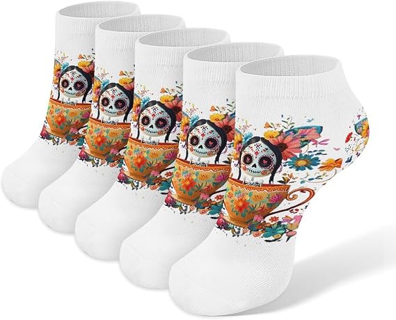Sugar Skull in Cup 5 Pairs Ankle Socks for Women Men - sugar skull costume