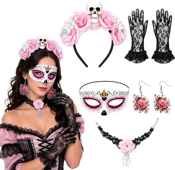 Day of the Dead Costume Accessories for Women Pink Flower Headband Mask - sugar skull costume