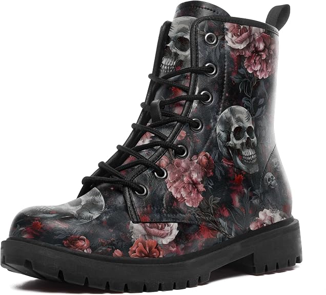 Women's Vintage Gothic Skull Rose Combat Boots Dark Floral Punk Ankle Boots - sugar skull boots