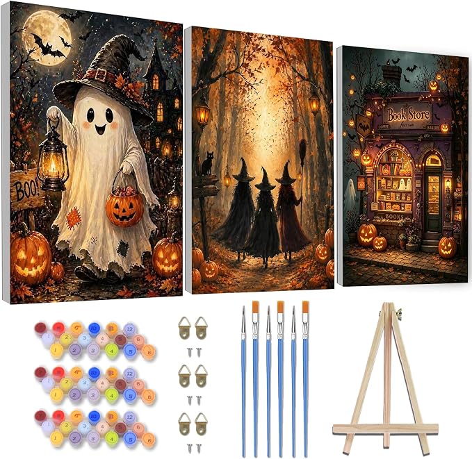 3 Pack Halloween Paint by Numbers Kit for Adults with Framed Easel 8x12inch