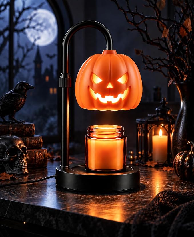 Pumpkin Halloween Candle Warmer Lamp,Spooky Gothic Home Decor with Timer & Dimmer,Adjustable Height Fall Table Lamp,Heavy Metal Base,2 Light Bulbs Included,Holiday Gift - skull lamp