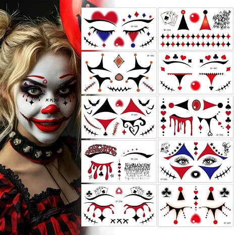 Halloween Clown Full Face Tattoos Stickers Clown Face Eye Makeup Decals - skull sticker