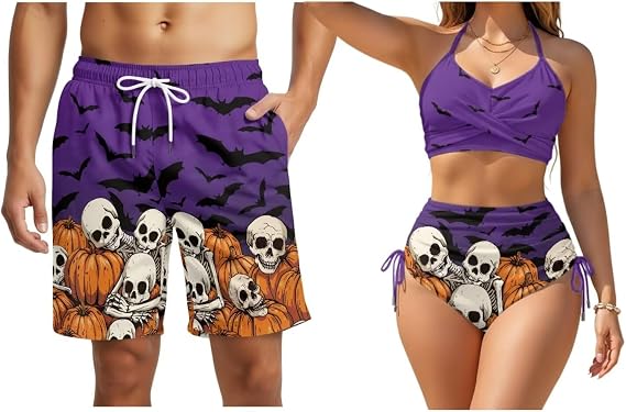 Matching Swimsuit for Couples Women 2 Pcs Bathing Suit Bikini Set Men Trunks Swim Shorts Quick Dry Swimwear - skull swimsuit
