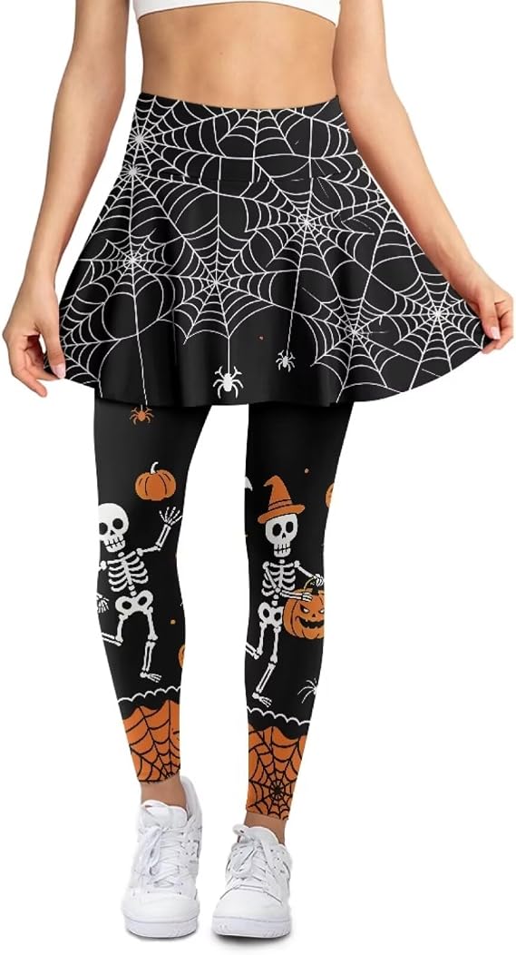 Skirted Leggings for Women Athletic Skirt with Leggings Tennis Skirt Yoga Running Golf Skirts with Pockets - skull leggings