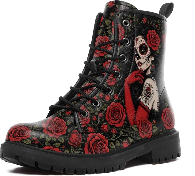 Women's Sugar Skull Combat Boots, Vintage Dark Floral Lace Up Ankle Boots - sugar skull boots