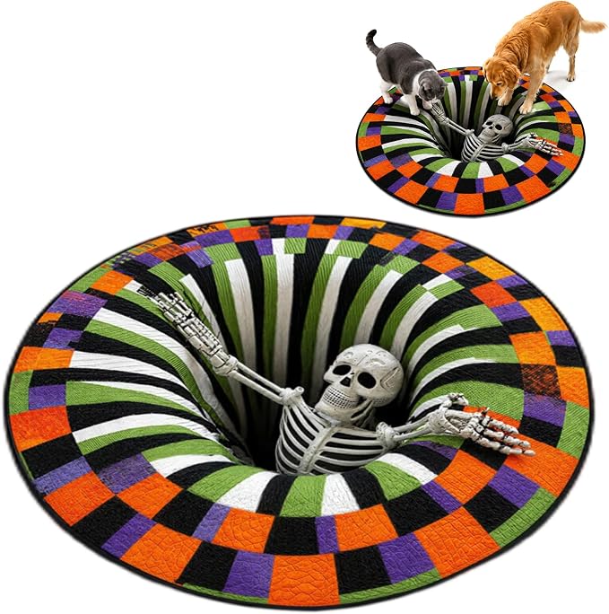 Halloween 3D Optical Illusion Rug, Candy Corn Abyss Quilted Round Mat，C - skull toilet mat