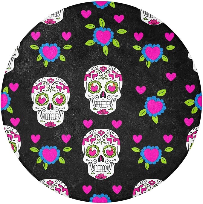 YETTASBIN Sugar Skulls Long Pile Round Rug, 3ft Area Rug - skull carpet