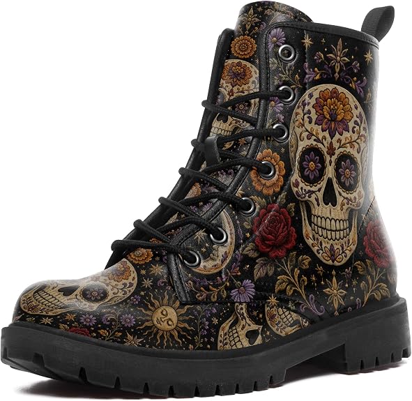 Women's Sugar Skull Combat Boots, Vintage Dark Floral Lace Up Ankle Boots - sugar skull boots