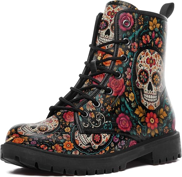 Women's Sugar Skull Combat Boots, Vintage Dark Floral Lace Up Ankle Boots - sugar skull boots