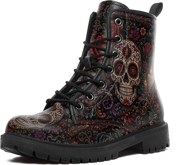 Women's Sugar Skull Combat Boots, Vintage Dark Floral Lace Up Ankle Boots - sugar skull boots