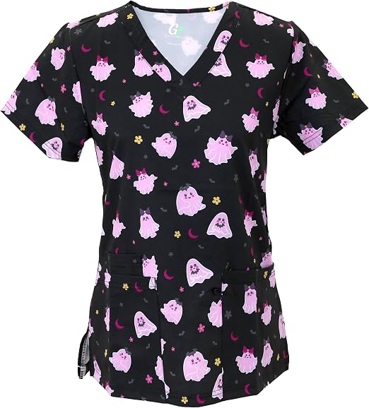 Green Town Spooky Halloween Workwear Printed V-Neck Scrub Tops for Women - Small to 3X - skull tshirt