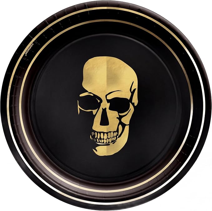 Halloween Dessert Plates, Black Gold Skull Paper Plates, 7 Inch, 8 Pack - skull plate