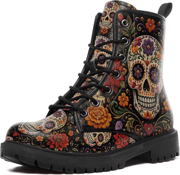 Women's Sugar Skull Combat Boots, Vintage Dark Floral Lace Up Ankle Boots - sugar skull boots