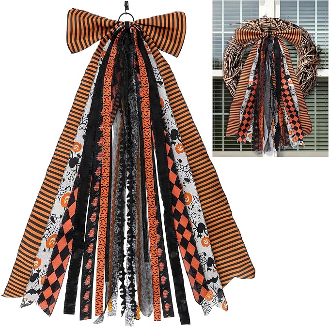 Halloween Ribbon Bows, Orange Black Wreath Sash for Front Door Decor - skull wreath