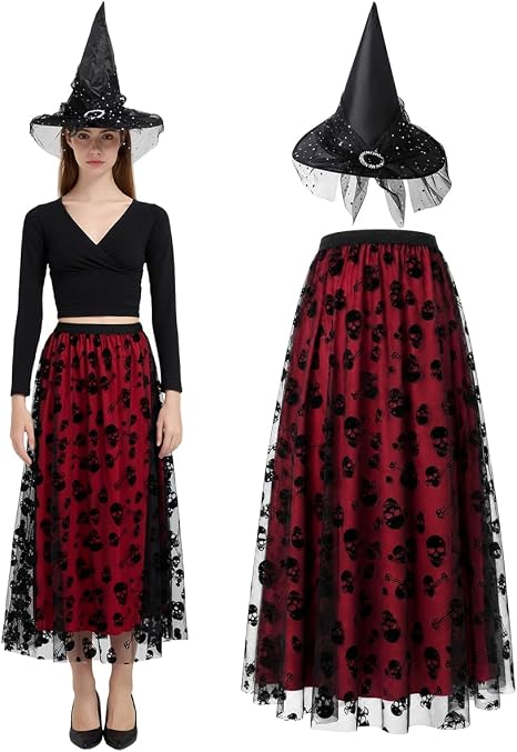 Women’s Halloween Costume Set -Tulle Midi Skirt with Witch Hat - sugar skull costume