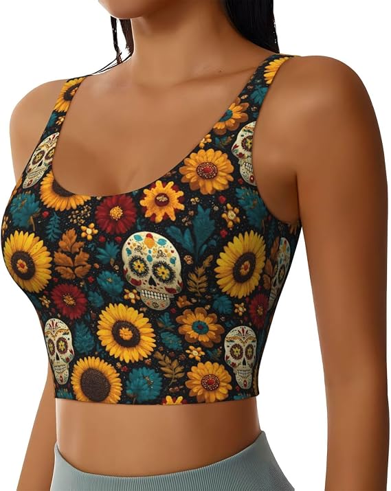 Women's Sports Bra Sleeveless Crop Tank Top-Sugar Skull - skull tank tops