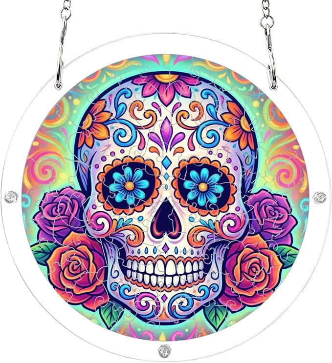 Stained Glass Suncatcher Sugar Skull Rose Acrylic Puzzle Decor 7.48 INCH - sugar skull ornament