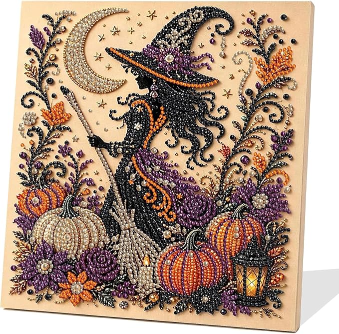 OSFRIAGE Halloween Witch/Skull Pearl Diamond Art Kits with Frame (Witch)