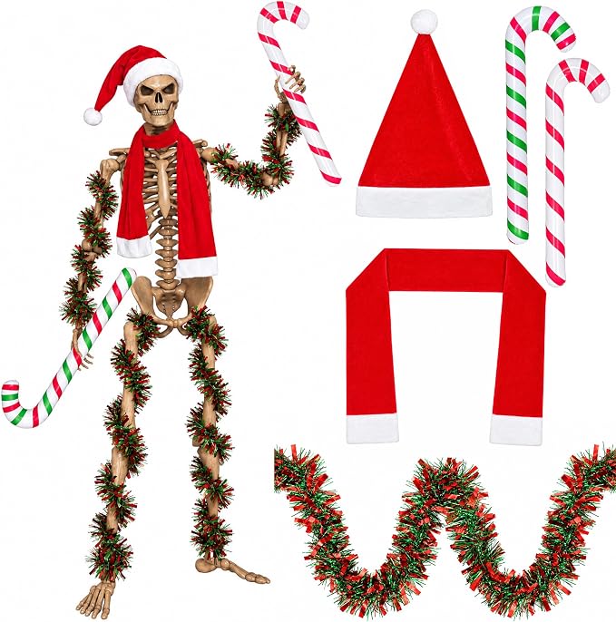 5Pcs 12ft Skeleton Christmas Outfit Accessory, Giant Skeleton Santa Costume - skeleton