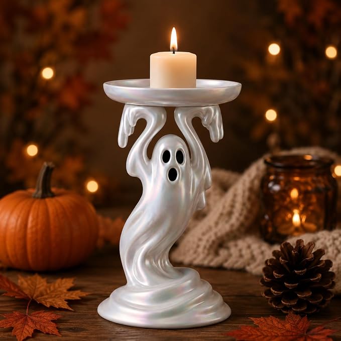 Halloween Ghost Candle Holder, Pearlescent Resin Candlestick - skull candle