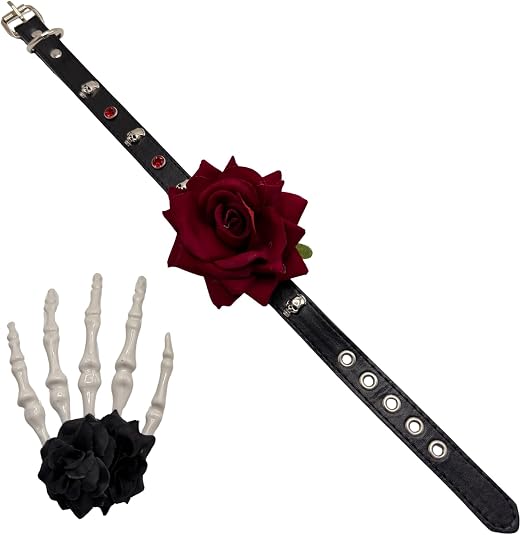 Day of the Dead Skull Choker Necklace Set for Women Mexico Día de los Muertos Red Rose Black Leather Adjustable Collar with Black Rose Skeleton Hand Hair Clip Gothic Halloween Sugar Skull Costume Jewelry Gift - sugar skull costume