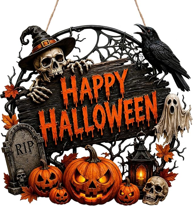 Spiritlele Big Happy Halloween Door Sign Wooden Decoration for Front Door - skull wreath