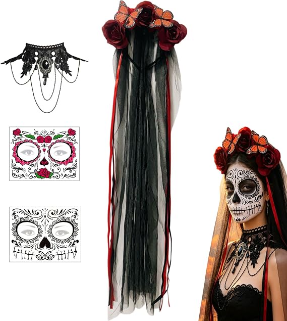 Day of the Dead Flower Headband with Long Veil and Ribbon Streamers - skull headband