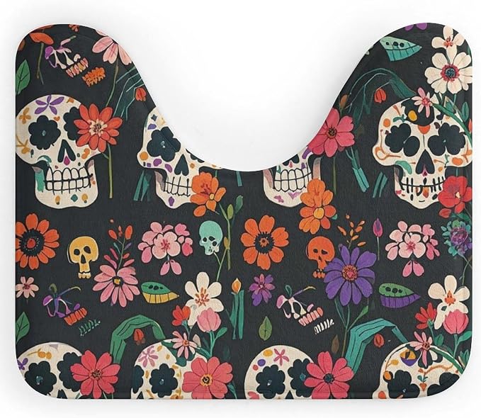Day of The Dead Floral Skull Patterns U-Shaped Bath Rug, Non-Slip Toilet Rugs for Home - skull toilet mat