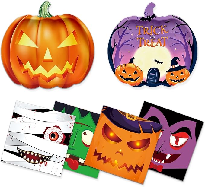 50 Pcs Halloween Pumpkin Paper Plates and Napkins, 25 Pcs Orange & Purple Pumpkin Shaped 7 Inch Party Plates, 25 Pcs 6.5 Inch Halloween Napkins, Spooky Party Supplies for Kids Birthday - skull plate