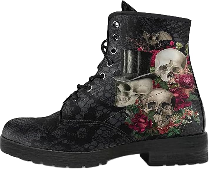 Women's Ankle Printed Boots with Rose Girl Mushroom Flower Leather Lace-up Butterfly Flower Starry Sky Color-blocked Combat Booties Floral Shoes Stylish Casual Everyday for Travel Party - sugar skull boots