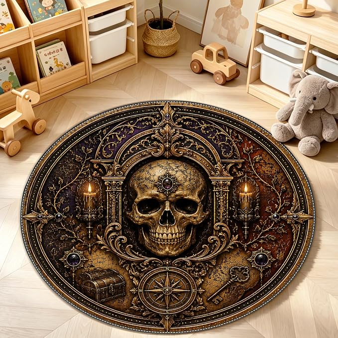 Round Area Rug 4ft Washable Halloween Gothic Skull Non Slip Carpet