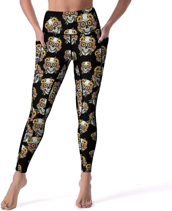 Sugar Skull with Floral Eyes High Waisted Leggings for Women - skull leggings