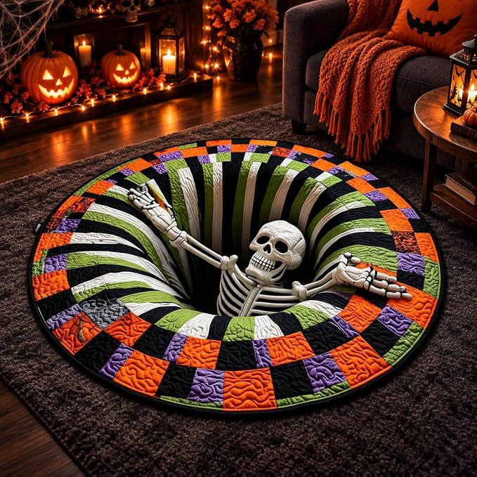 3D Halloween Rug, 36 Inch Round Optical Illusion Rug with Skeleton Vortex Design, Soft Surface and Non-Slip Backing, Indoor Floor Mat for Living Room, Bedroom, Entryway and Halloween Party Decorations - skull floor mat