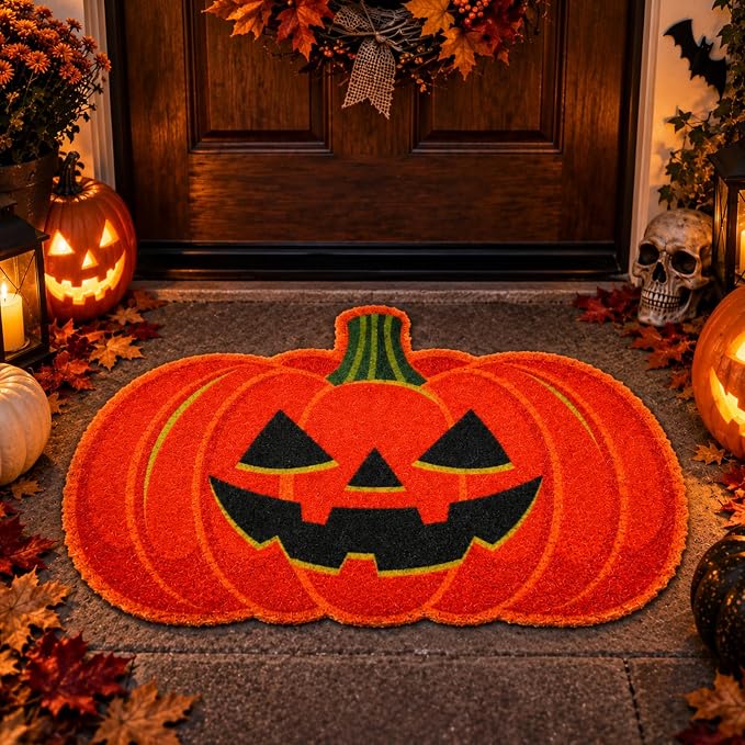 Halloween Coir Doormat Spooky Pumpkin Shaped Rug with Non Slip Backing - skull floor mat