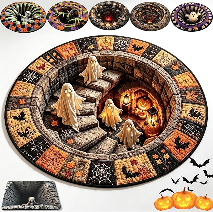 3D Halloween Rug, 3D Optical Illusion Rugs, Candy Corn Abyss Quilted Round Mat, Soft and Durable Crystal Velvet Fabric, Halloween Indoor Decor(F-24inches) - skull carpet