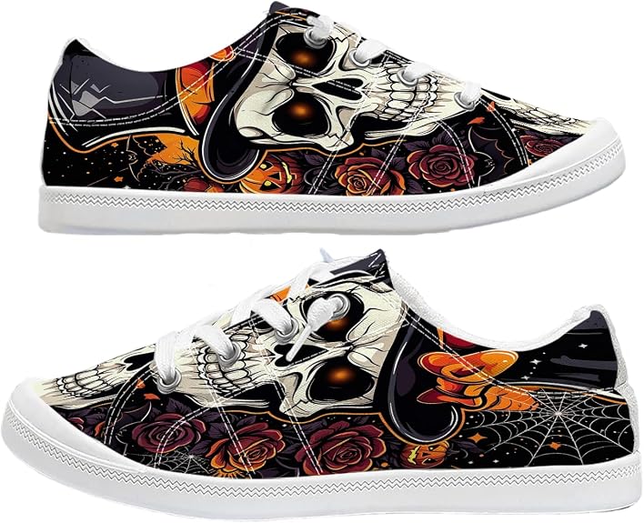 Women Halloween Pumpkin Skull Rose Print Low Top Flat Casual Canvas Sneaker - sugar skull boots