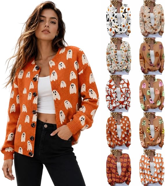 Halloween Cardigan for Women Pumpkin Ghost Button Long Sleeve Knit Sweaters - skull jacket