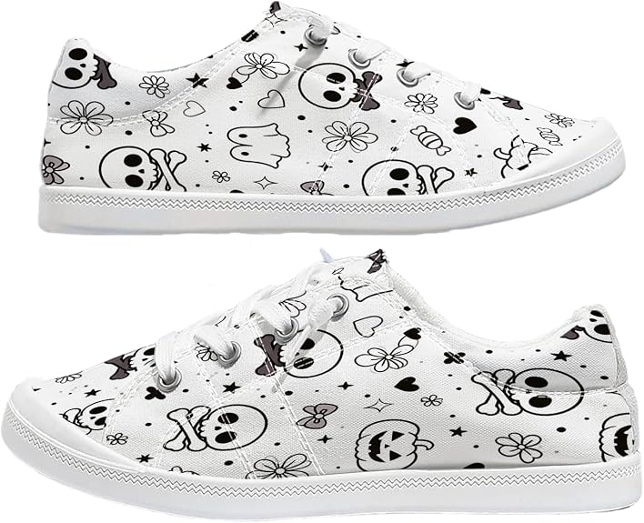 Women Halloween Skull Paisley Print Low Top Flat Casual Canvas Sneakers - sugar skull boots