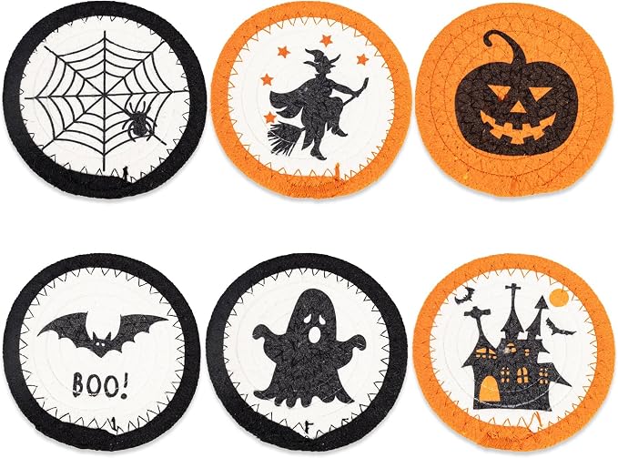 6 Pack Halloween Handmade Braided Drink Coasters Kitchen Decor - skull coaster