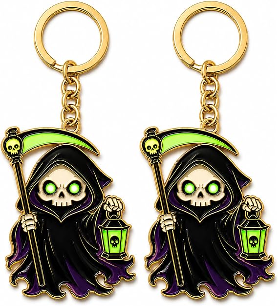 Glow in the Dark Grim Reaper Keychain, Halloween Gothic Enamel Skull Key Ring for Keys and Backpacks - skull backpack