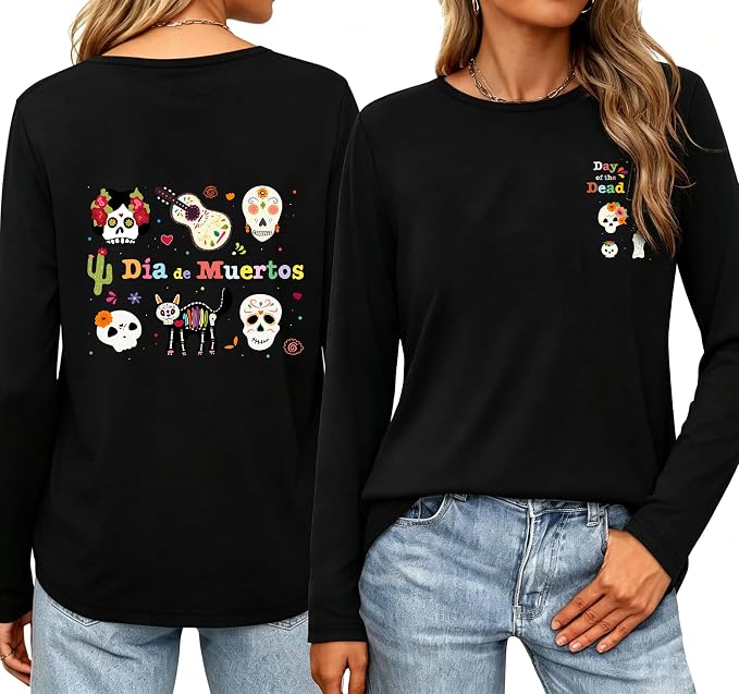 Dia De Los Muertos Long-Sleeve T-Shirt for Women Double-Sided Print Mexican Sugar Skull October Dead Events Top - skull leggings