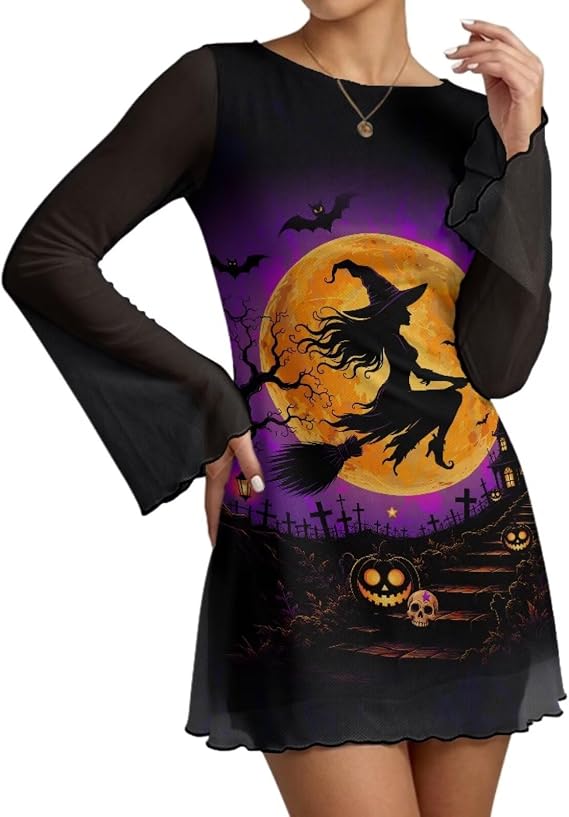 Halloween Bodycon Dress Long Sleeve Mini Dresses for Women Elegant Mesh Dress S-2XL - sugar skull dress